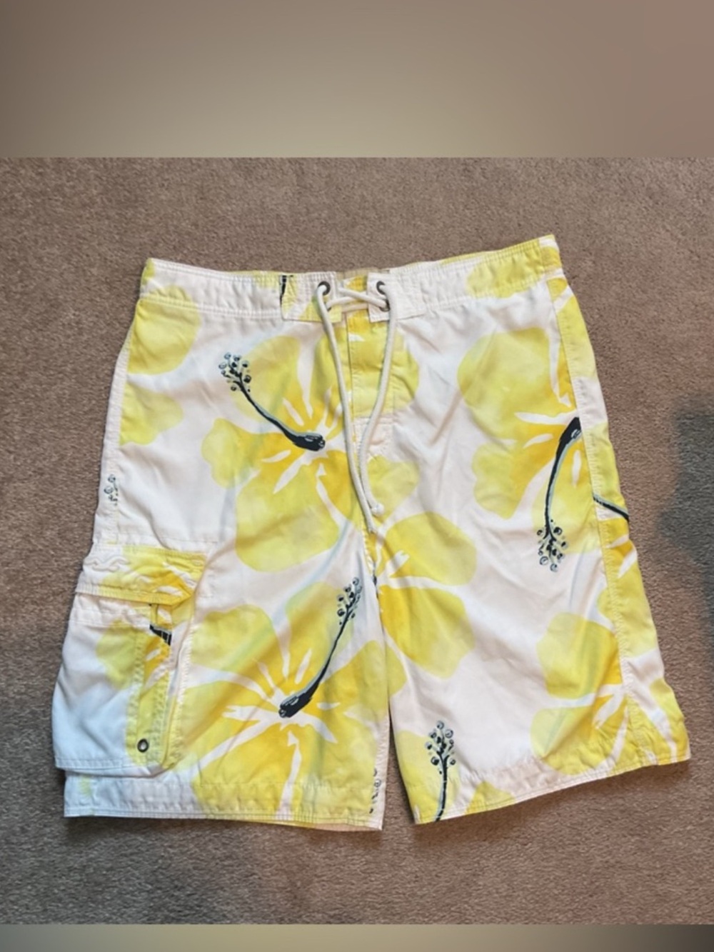 Hollister White Swim Board Shorts with Yellow Floral Print